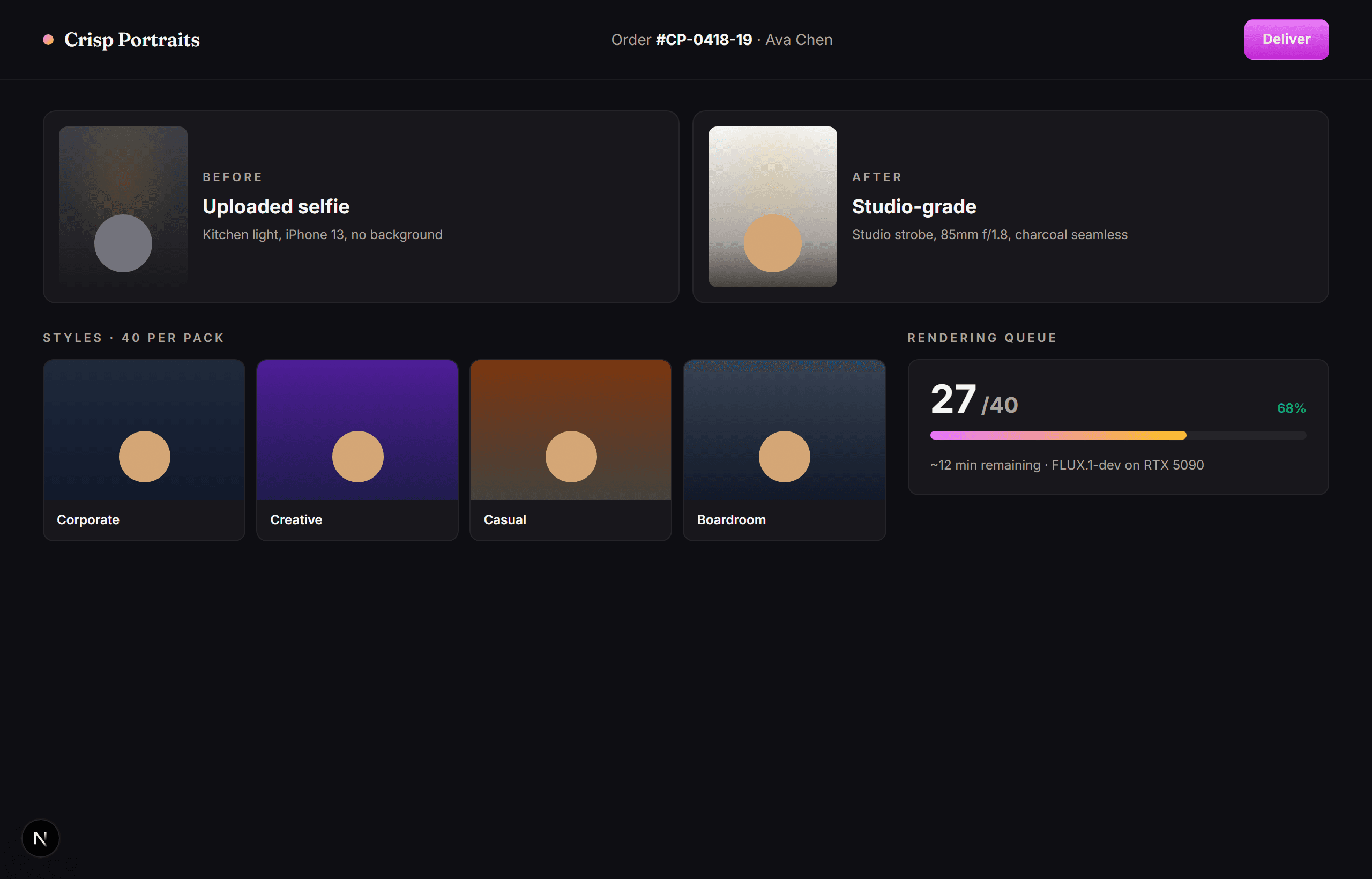 Crisp Portraits AI headshot service dashboard