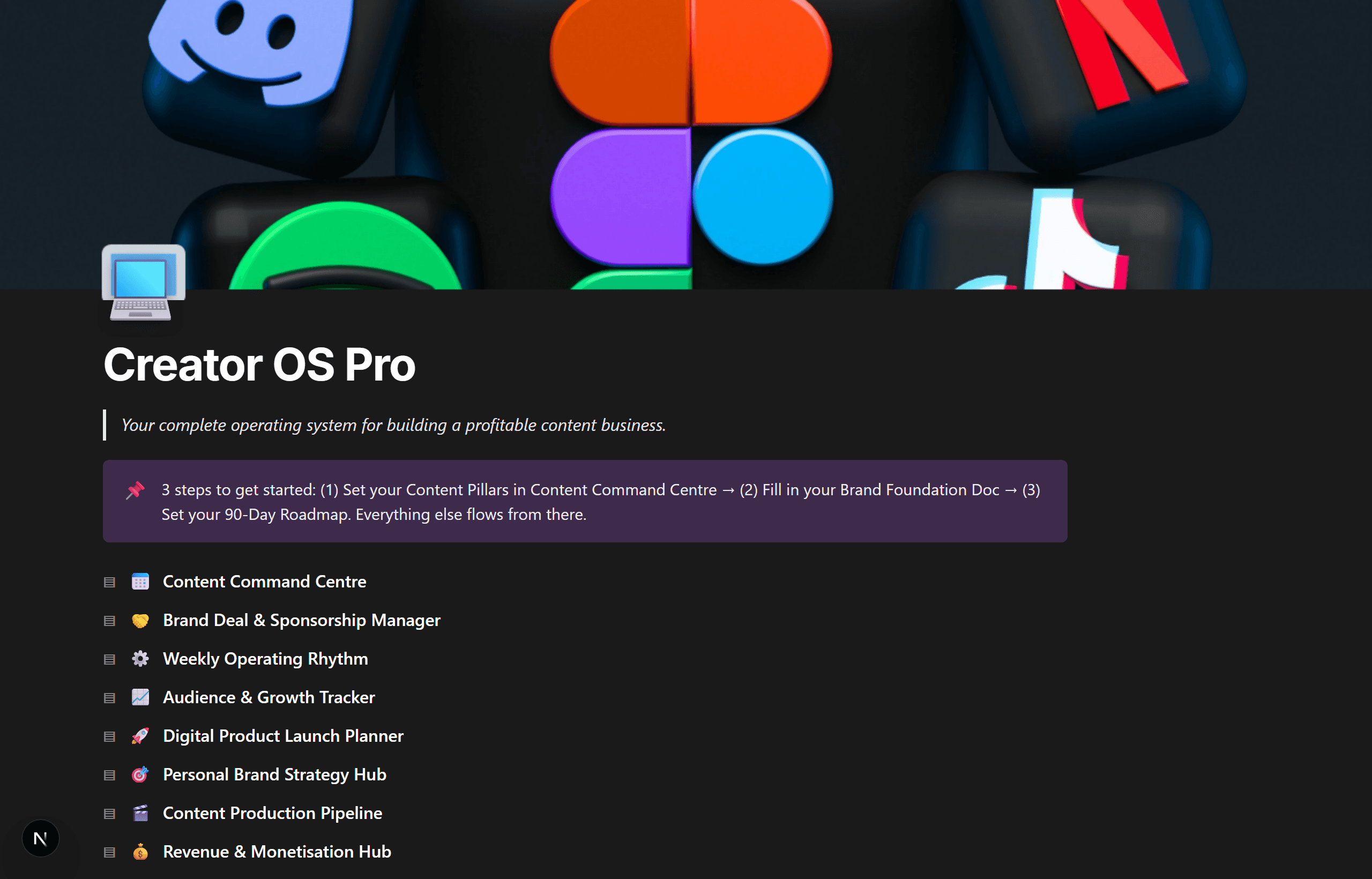 Creator OS Pro Notion template home page