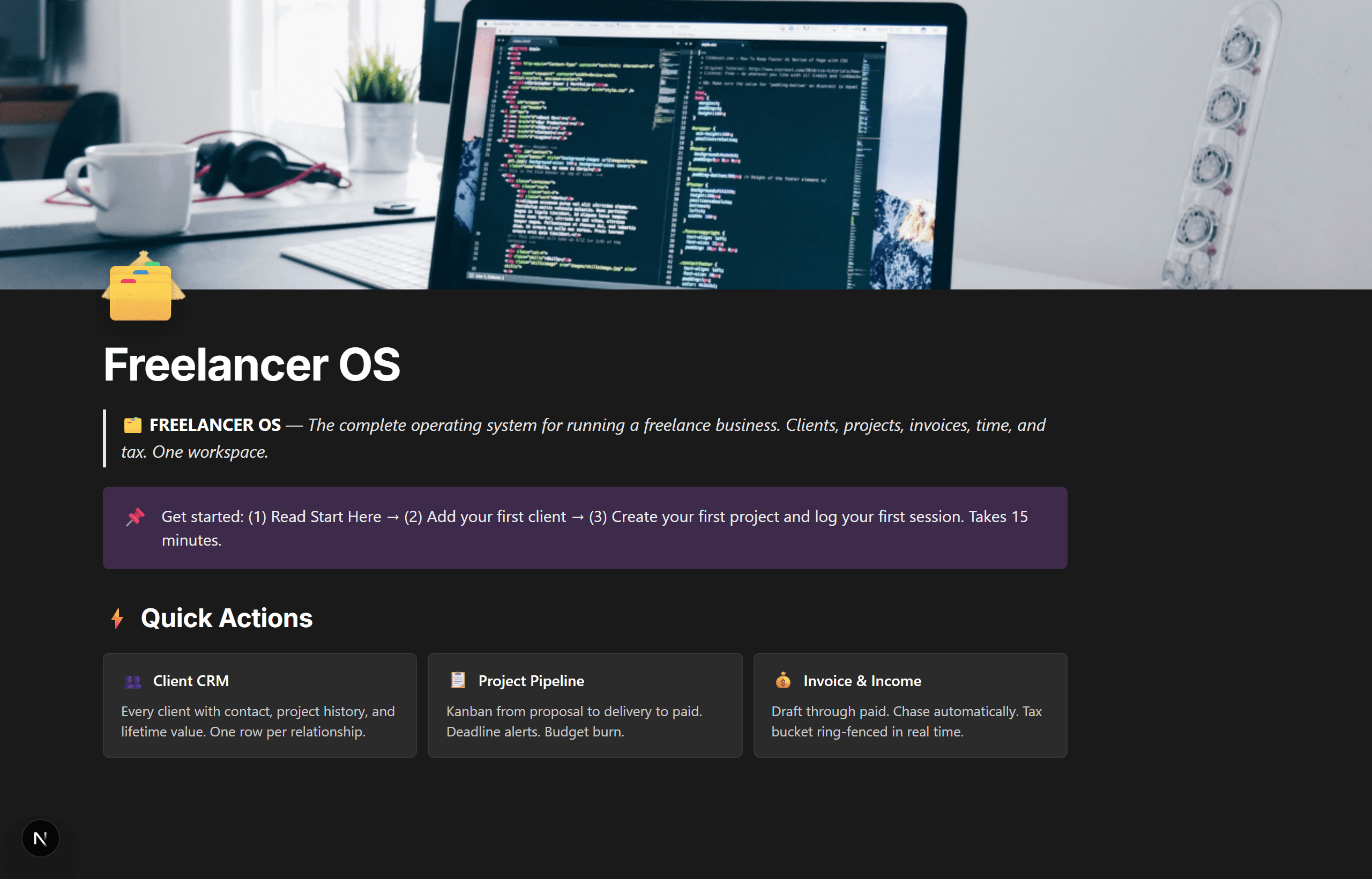 Freelancer OS Notion template home page